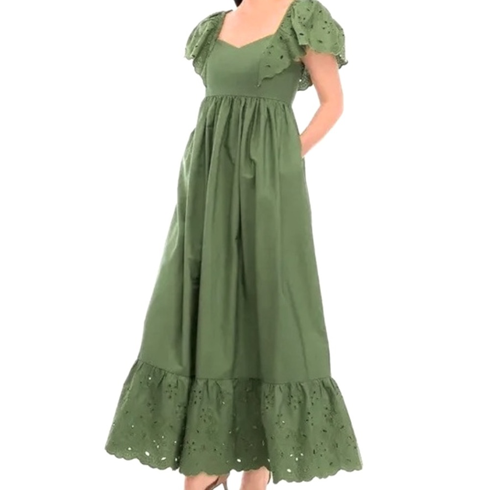 crown & ivy Olive Green Maxi Dress with Eyelet Trim